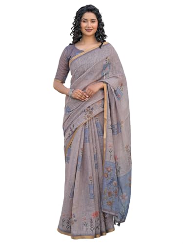 Image of SIRIL Women's Cotton Linen Printed Zari Border Saree with Unstitched Blouse Piece