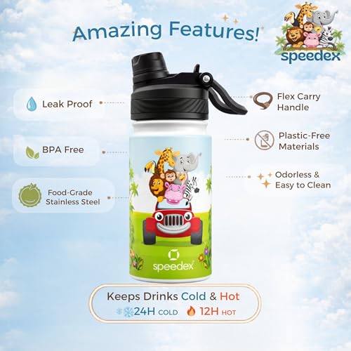 Image of Speedex Jungle Toon 500 Kids Vacuum Insulated Stainless Steel Water Bottle 450 ML | Double Wall Hot & Cold Sipper (Straw + Direct Sip) | Leakproof BPA Free School Water Bottle for Boys & Girls