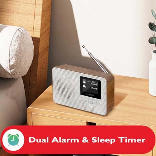 Image of LeMega IR1 Internet Radio, Podcasts, Bluetooth, FM, Walnut | Alarm clock, full colour display, mains or AA battery, compact kitchen radio, snooze, sleep timer, 40 presets