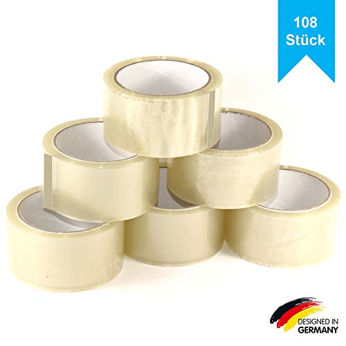Preisvergleich Produktbild Klebeband Transparent 50mm x 66m (108 Rollen) leise abrollend - Paketklebeband Transparent extra stark - Breites Packband als Kleberollen-Set - Durchsichtiges Umzug Klebeband Verpackungsklebeband