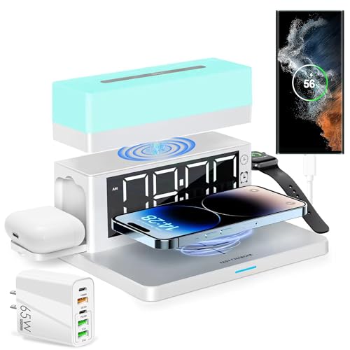 Image of Wireless Charging Station with 65W USB C Charger, 6 in 1 Alarm Clock Magnetic Touch Night Light 15W Fast Charging Stand Compatible with iPhone 15 /14 /13 /12 /11 /XS Samsung Galaxy AirPods & Apple Watch