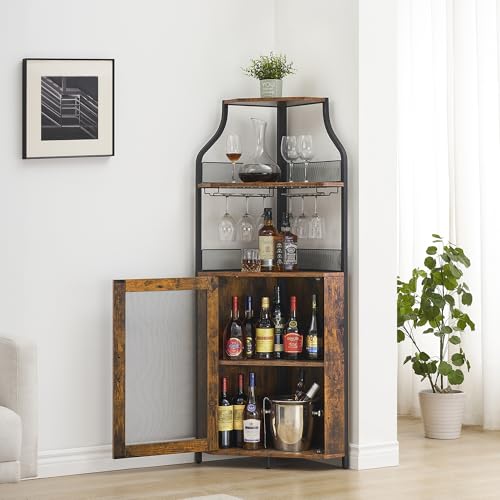 Amyove Corner Wine Bar Cabinet with Detachable Wine Rack, Industrial Wine Cabinet with Glass Holder, Small Sideboard and Liquor Coffee Bar Cabinet with Mesh Door, Retro Brown