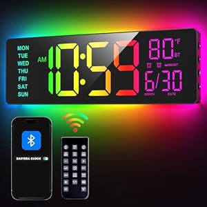 EASYERA 16.5″ Large Digital Wall Clock with BT Sync, 11 RGB Lights