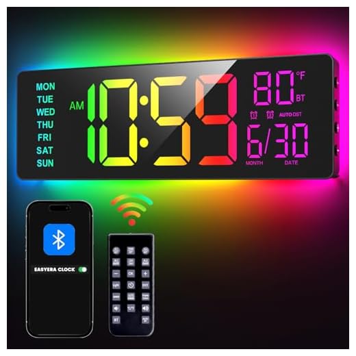 EASYERA 16.5" Large Digital Wall Clock with BT Sync, RGB Lights with 11 Scenes Mode Remote Control, Big LED Clock with Dual Alarms, Auto DST, Temperature for Classroom Gaming