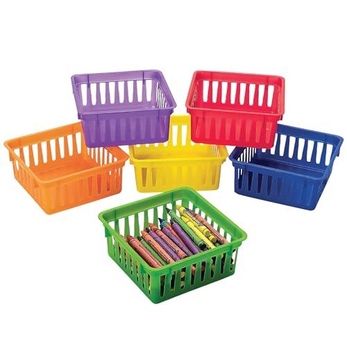 Fun Express - 6 Pack Mini Storage Baskets Bins, Plastic Organizer Basket, Colorful Shelf and Desk Make-up Storage Crate Organizing Containers. Office, Toy Storage