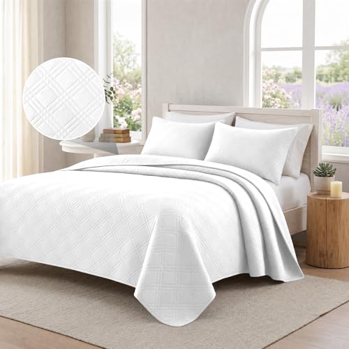 CYCMACO Doux Couvre-Lit Quilt, 260x260cm, Couvre-Lit Ultrasonique Matelassé, Moderne Géométrique CouvreLit, pour Toutes Les Saisons, CouvreLit pour Canapé Ou Fauteuil, Blanc