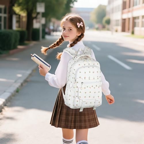 Image of Kids High Middle School Backpack for Girls 5-12 Kawaii Travel Flower Bookbag,Beige Flower