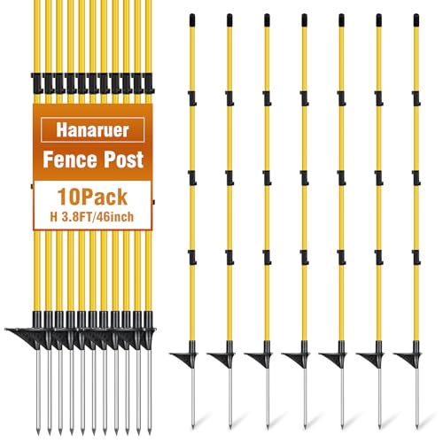 Fiberglass Fence Posts 46 Inches, Pack of 10, Temporary Garden Fence Post with Adjustable Clips & Metal Spikes, Step-in Fence Stakes Fencing for Garden Yard Farm Outdoor Light Duty