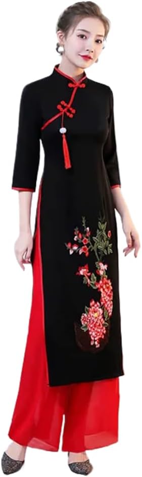 Cheongsam Traditional Oriental Dress Set Improved Qipao Wide Leg Pants Two Suit