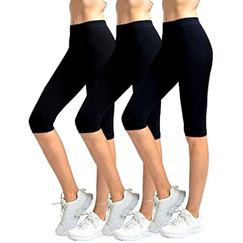 MOPAS Leggings - Women's Ribbed Waistband Knee Length Plain Leggings (Pack of 3) - Black Cover