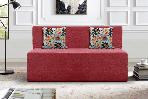 Image of Los Angeles Foldable Two Seater Sofa Cum Bed, Sofa Bed 4 X 6 Feet Jute Fabric Washable Cover- Including Cushion Perfect for Living Room - Red