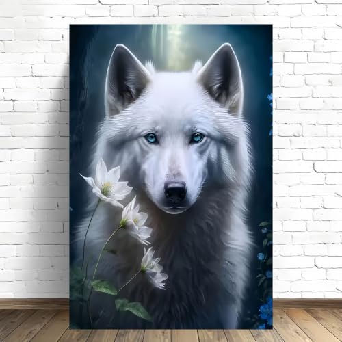 Toile loup blanc et fleurs blanches décoration murale poétique