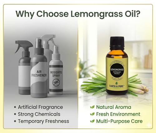 Image of Earth N Pure Lemongrass Essential Oil - Steam Distilled for Fresh Aroma, Focus & Relaxation - 100% Pure & Undiluted | 15ml