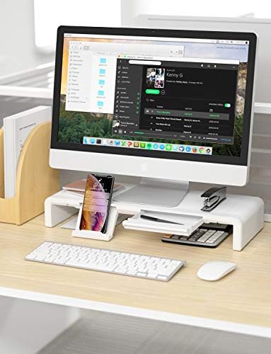 Foldable Monitor Stand Built in Storage Drawer Tablet&Phone Stand Holder,Klearlook Width Adjustable Desktop Monitor Screen Riser,Anti-Slip Monitor Mount for Computer/Printer/Laptops/TV-White