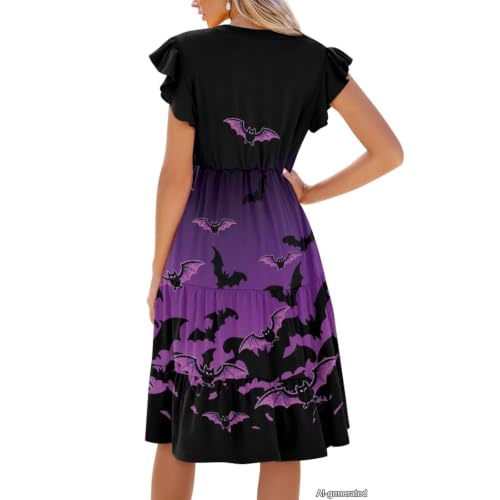 Image of Womens Summer Dress Ruffle Sleeve V Neck Dress Casual Fit Flowy Beach Vacation Sundress with Pocket S-2XL