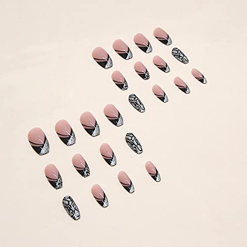 24Pcs Medium Length Fake Nails French Tip Press On Nails Glossy Glue On Nails Full Cover Acrylic Nails Square Black Nail Tip With Glitter Designs Pink False Nails For Women Nail Art Decorations #TOP3