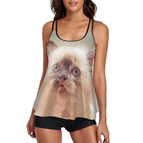 Tankini Chat Blanc Mignon avec Short de Garçon et Robe de Plage pour Femme