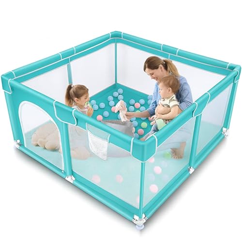 Image of Baby Playpen with Balls - Portable Play Yard with Mesh Panels for Safety & Visibility, Indoor /Outdoor Toddler Activity Fence for Boys & Girls (Light Blue)