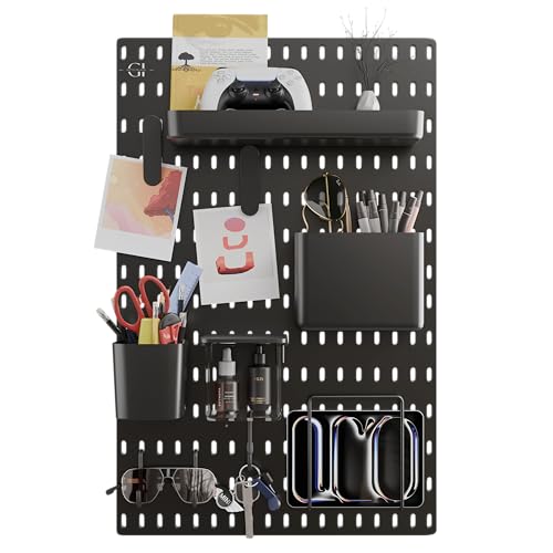 Image of Gifts Island Pegboard Wall Organiser Set with 1 Boards, 10 Accessories & Self-Adhesive Stickers, Customisable Storage System for Office, Kitchen, Pegboard Wall Hanging (10, Black)