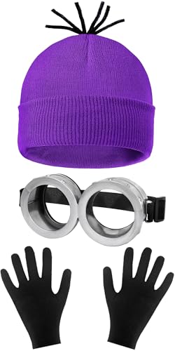 CONGRU 3 Pcs Halloween Accessories for Woman Man Purple Beanie/Gloves/Goggles Glasses for Adult Cosplay Set