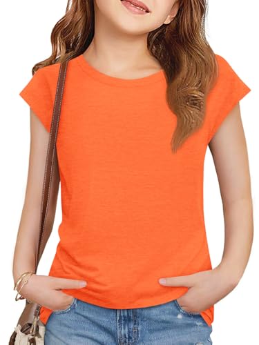 Imily Bela Girls Short Sleeve T Shirts Crew Neck Cap Sleeve Tank Tops Casual Loose Summer Shirt Kids 5-14 Years Orange