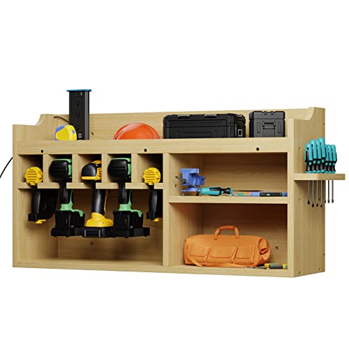 Power Tool Organizer with Screwdriver Rack, Large Wall Mount Cordless Drill Charging Station with 5 Drill Holder and 2 shelves, Garage Storage Tool Organizer Power Tool Organizer with Screwdriver Rack, Large Wall Mount Cordless Drill Charging Station with 5 Drill Holder and 2 shelves, Garage Storage Tool Organizer