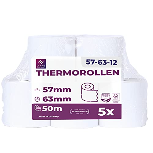 Lot de 5 rouleaux de papier thermique 57 mm x 50 m x 12 mm - Pour caisse enregistreuse avec imprimante de tickets - Papier thermique sans BPA (57-58 x 63 x 12) Cover