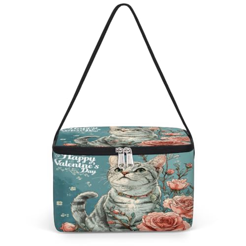 GzLeyigou Happy Valentine's Day Lunch Bags for Women Men 9 Cans, Hot & Cold Food Delivery Bag Insulated Grocery Bag Insulated Lunch Box Cat Cooler Bag for Office Work Picnic Beach
