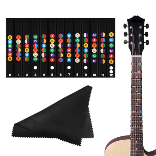 Adesivi Note Chitarra, Aiuto apprendimento chitarra, Adatto per chitarra a 6 corde, Regali per principianti di chitarre acustiche/elettriche (Adesivi - Nero, panno per la pulizia)