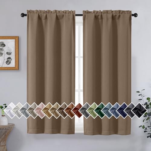 Image of Brown Short Blackout Curtains for Bedroom 45 Inches Long 2 Panels Set, Solid Thermal Insulated Blackout Curtains, Energy Saving Soft Fabric Window Drapes, Dual Rod Pocket, 2x40Wx45L Inches