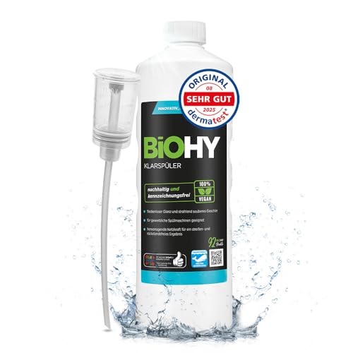 BiOHY Klarspüler (1l Flasche) + Dosierer | Bio Geschirrspülmittel | ideal für alle Spülmaschinen | EXTRA STARKER Fettlöser für Gastronomie & Haushalt | frischer Glanz auf Glas & Geschirr