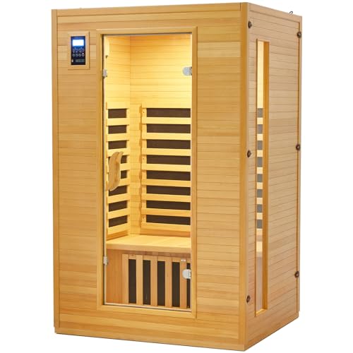 Garvee 2024 Upgrade 2 Person Sauna, 6 Heating Plate Infrared Physical Therapy Wooden Dry Steam Sauna, Low EMF, MP3 Auxiliary Connection, Dual Controls