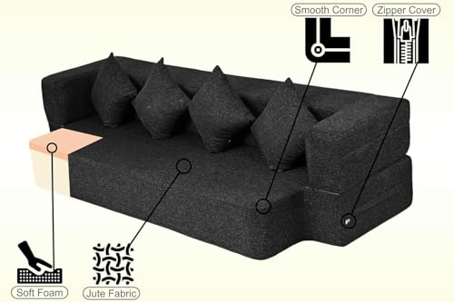 Image of Rosebell Flipper 3 - Seater | 70 X 46 X 9 | Foldable C-Type Sofa Cum Bed with Jute Washable Fabric Four Cushions - Black Color