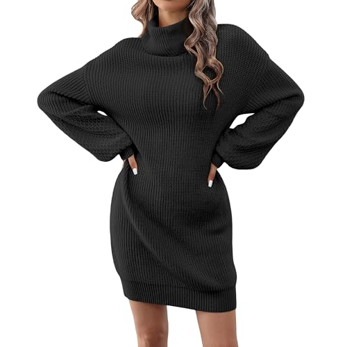 Image of Women's Turtleneck Textured Lantern Sleeve Ribbed Knit Mini Dress Pullover Oversized Sweater Dresses S-XL