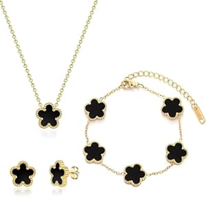 Jewellery Set for Women Girls 18K Gold Plated Stainless Steel Double-Sided Four-Leaf Clover Pendant Necklace Stud Earrings Bracelet Lucky Trendy Adjustable Jewellery Set Birthday Gifts