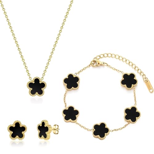 XIWCAFC Conjunto de Joyas para Mujer con Trébol de Cuatro Hojas 18K Oro Plateado Acero Inoxidable Doble Cara Trébol de Cuatro Colgante Collar Pendientes Pulsera Juego de Joyas (Blanco​)
