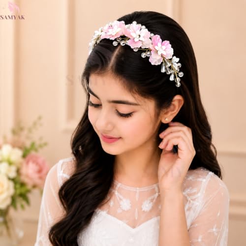 Image of Samyak Pearl & Crystal Hair Band Accessories For Women & Girls, Stylish Tiara Headband For Wedding Party Juda Bun Fashion For Bridal Hair Decoration Accessory