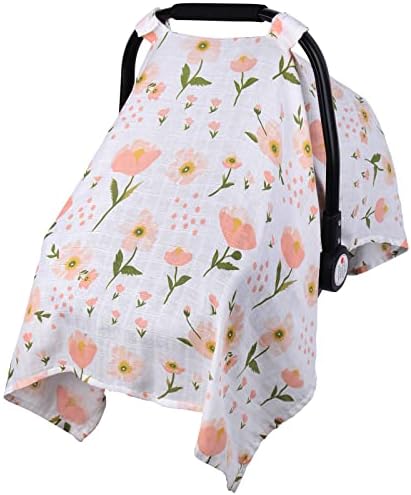 Muslin Carseat Cover for Babies, Metplus Breathable Infant Carseat Cover Lightweight Baby Carrier Cover for Girls Boys, Fit Spring Summer/Hot Days/Warm Weather, Pink Floral
