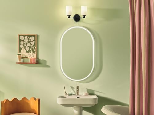 Image of Kichler Gioe 2-Light Bathroom Vanity Light Fixture with Opal Glass, 14.25 in Modern Black Wall Sconce for Mirror, Damp Rated Lighting (14.25 in W x 10.5 in H), 55225BK