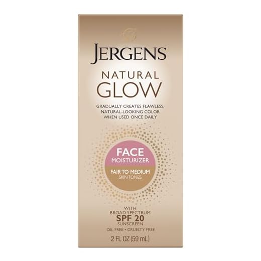 Jergens Natural Glow Self Tanner Face Moisturizer, SPF 20 Facial Sunscreen, Fair to Medium Skin Tone, Sunless Tanning, Oil Free, Broad Spectrum Protection UVA and UVB, 2 oz (Packaging May Vary)
