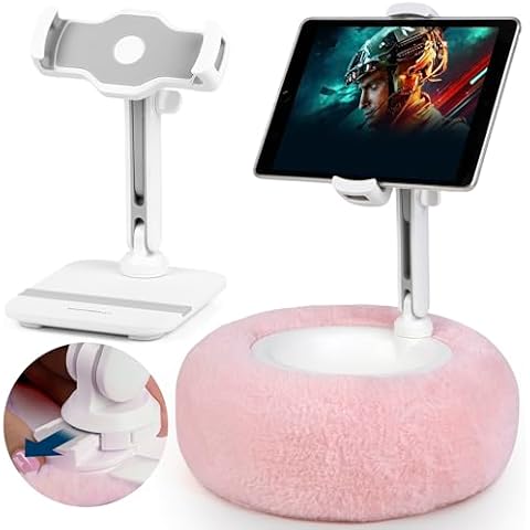 SHOPPINGALL 2-in-1 Tablet Holder Pillow Stand for 4.7"-13" Phone/Tablet/iPad/Kindle, 360°Adjustable Convertible Phone Holder for Bed with Detachable Soft Plush Fabric Cushion - SA-209ZD3-Pink Cover