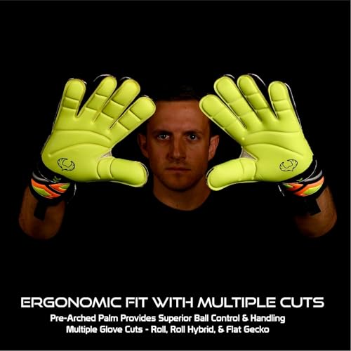 Renegade GK Fury Volt Goalie Gloves with Pro-Tek Finger Protection | 4mm Giga Grip & 4mm Duratek | Neon Yellow, Orange, Black Soccer Goalkeeper Gloves (Size 11, Adult, Flat Gecko Cut, Level 4)