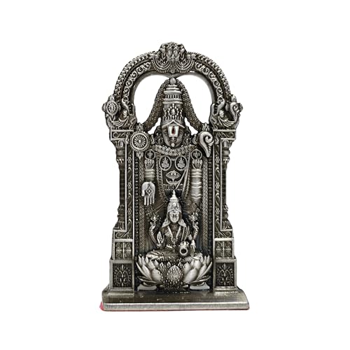 Image of anciently Tirupati Balaji Idol with Lakshmi for Car Dashboard | Venkateswara Idol with Lakshmi for Car Dashboard, Metal, 1 Piece (Silver Colour)