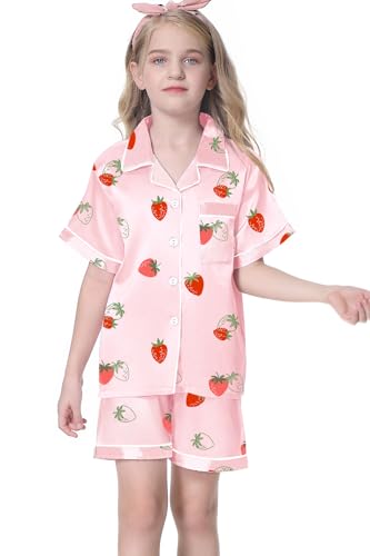Image of Umeyda Women & Girls Pajamas Set, 2 Piece PJS Satin Silk Sleepwear Button-Down Top with Shorts for Mom Kids Gifts