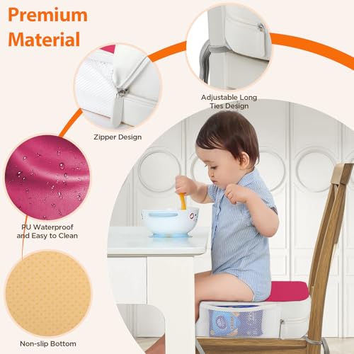 Image of Booster Seat for Kitchen Chair, 3.8 inch Toddler Booster Seats for Dining Table with Ties, PU Dining Booster Seat with Side Pockets, Non-Slip & Removable Booster Seat for Table Increasing Cushion (Pink)