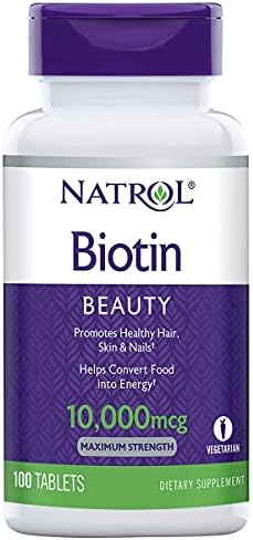 Natrol Biotin Beauty Tablets, Promotes Healthy Hair, Skin and Nails, Helps Support Energy Metabolism, Helps Convert Food Into Energy, Maximum Strength, 10,000mcg, 100 Count (Pack of 1)