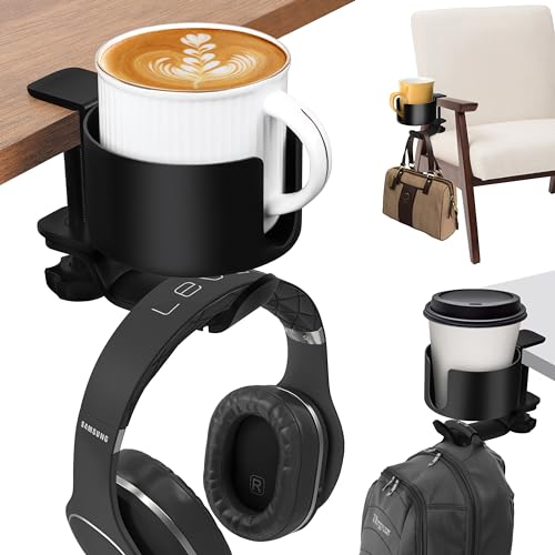 Winter Shore 2-in-1 Kopfhörer Halter & Getränkehalter Tisch - Bürobedarf- & Kopfhörer Halterung Schreibtisch - Robuste Aluminiumlegierung - No Spill Cup Holder & Headset Halter mit 360-Grad-Drehhaken