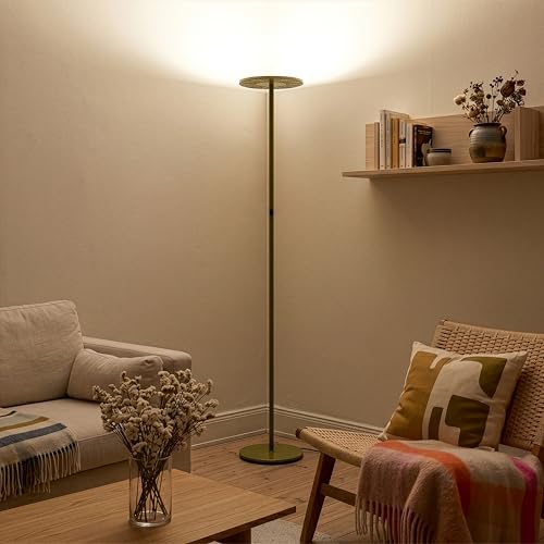 Image of Brightech Sky LED Floor lamp, Torchiere Super Bright Floor Lamp for Living Room Decor & Office - Dimmable, Tall Standing Lamp with Warm Light for Bedroom & Reading - Olive Green