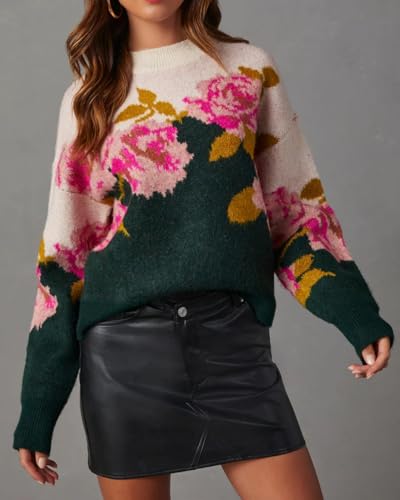 Image of Women's Flower Sweater Crew Neck Casual Long Sleeve Drop Shoulder Pullover Sweaters Knit Top