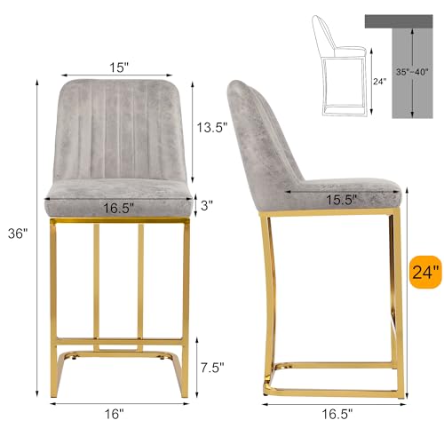 Image of LSSBOUGHT Counter Height Bar Stools Set of 2 24'' Upholstered Padded Barstools with Back Leathaire Counter stools for Kitchen Island Chairs with Gold Metal Iron Frame, Gray